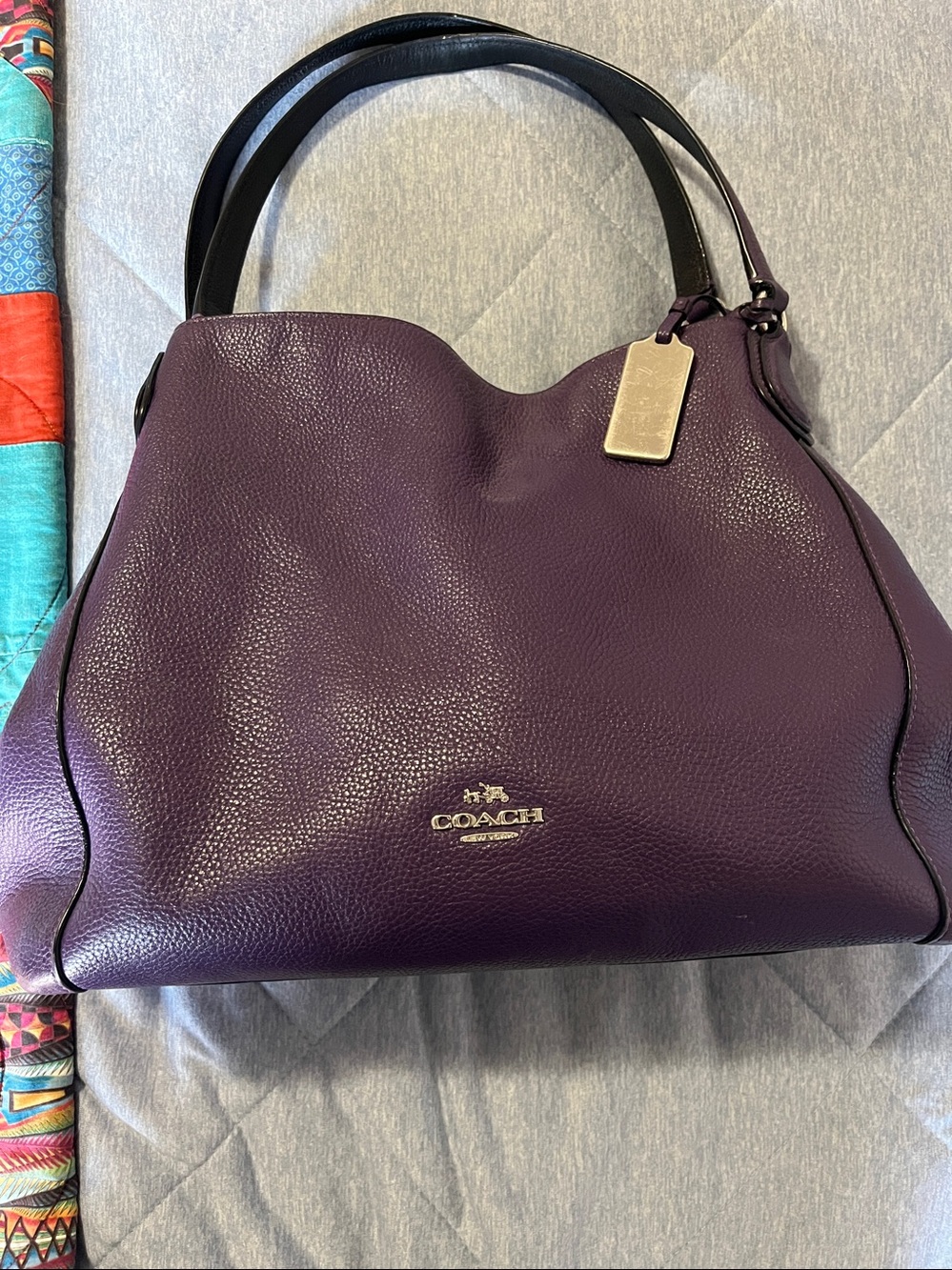 Coach Pebbled Leather Shoulder Bag in Purple with Black Handles